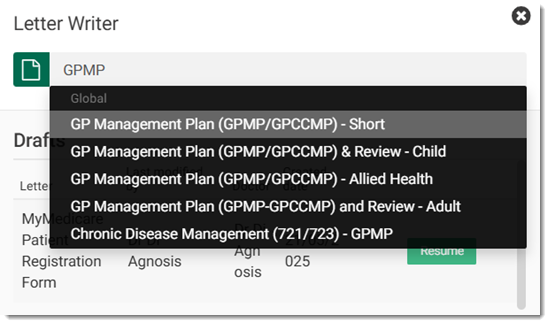 Example of selecting care plan (GPMP or GPCCMP)
